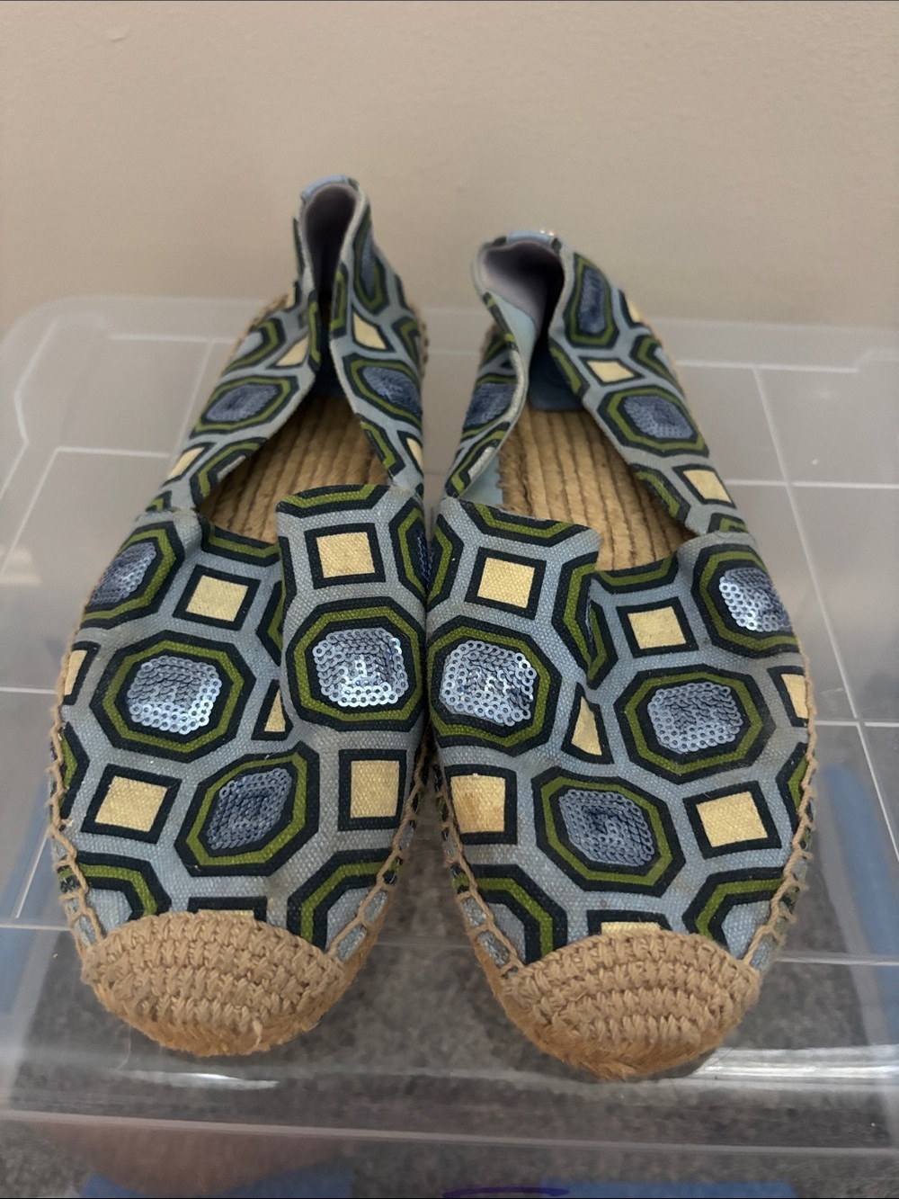 Tory Burch Blue, Green & Cream Geometric Espadrille Flats